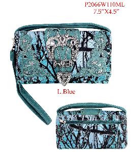 Wholesale Light Blue Camo Wallet Purse with crossbody strap